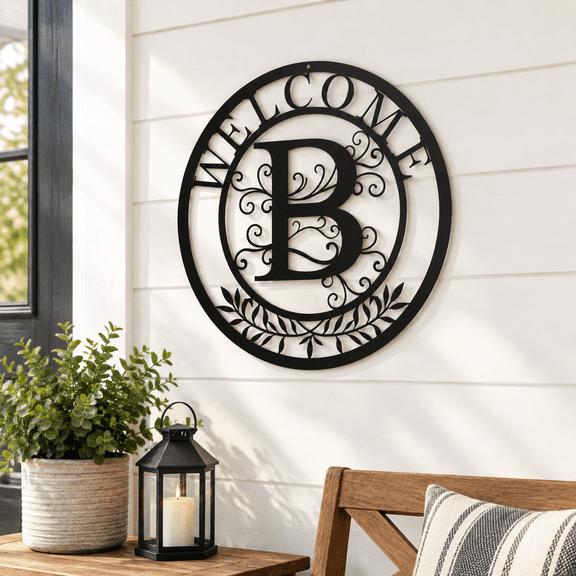 Initial Monogrammed Metal Welcome Sign 12 Inch Rustic Farmhouse Indoor Outdoor Wall Decor Color B