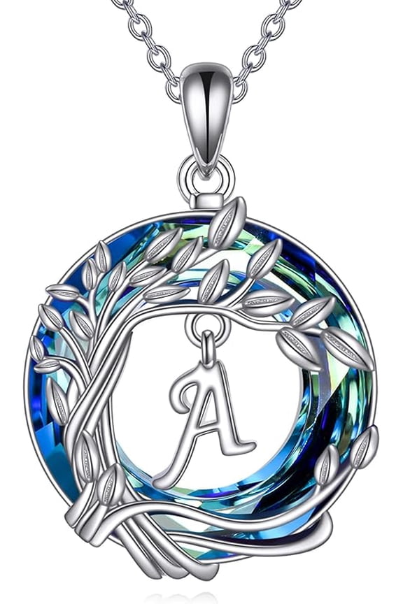 Initial Necklace 925 Sterling Silver Tree of Life Pendant Blue Crystal Jewellery Gift for Ladies Mother Sisters