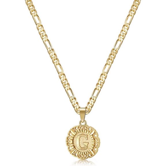 Initial Necklace For Women,14K Gold Plated Round Letter Pendant Necklace Capital Monogram Necklace Alphabets From A-Z Figaro Chain Necklace[o706]