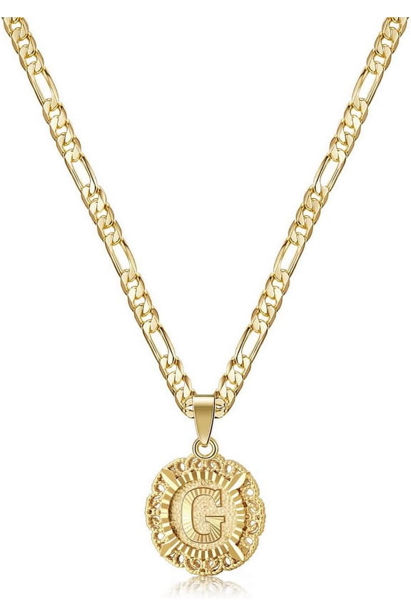 Initial Necklace For Women,14K Gold Plated Round Letter Pendant Necklace Capital Monogram Necklace Alphabets From A-Z Figaro Chain Necklace[o706]