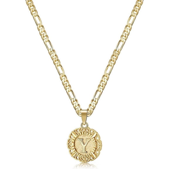 Initial Necklace For Women,14K Gold Plated Round Letter Pendant Necklace Capital Monogram Necklace Alphabets From A-Z Figaro Chain Necklace[o708]