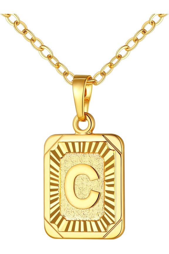 Initial Necklace, Gold/Platinum Plated A-Z 26 Letters Pendant Necklace for Women Men, Large Capital Monogram Retangle Tag Necklace, Resizable Chain 20"-22"