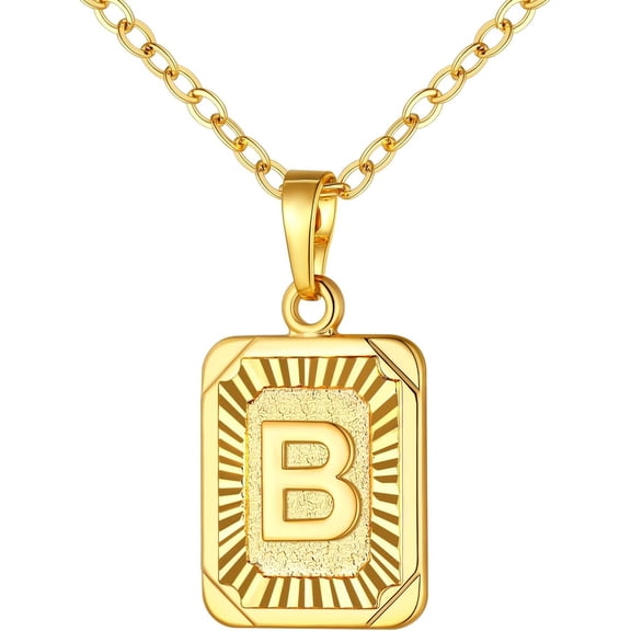 Initial Necklace, Gold/Platinum Plated A-Z 26 Letters Pendant Necklace for Women Men, Large Capital Monogram Retangle Tag Necklace, Resizable Chain 20"-22"