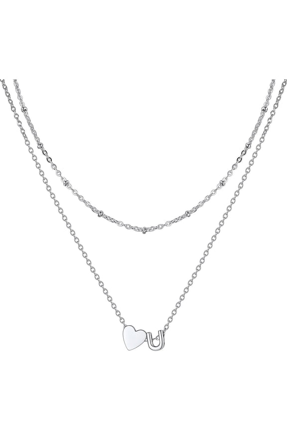 Initial Necklace for Women, Layered 14K Gold/Platinum Plated Tiny A-Z Letter Pendant Necklaces, 14" Bead Chain + 16" Heart Initial Necklaces Waterproof Personalized Monogram Name Jewelry Gifts