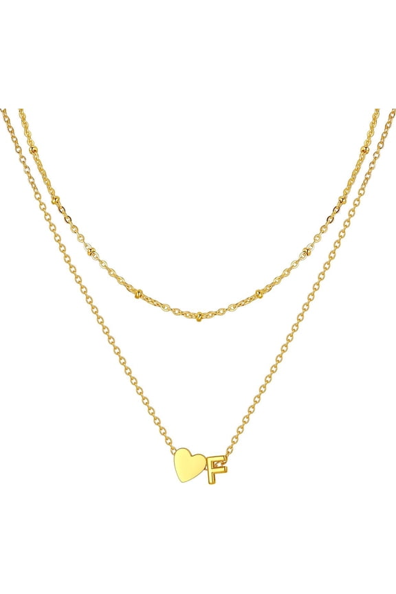 Initial Necklace for Women, Layered 14K Gold/Platinum Plated Tiny A-Z Letter Pendant Necklaces, 14" Bead Chain + 16" Heart Initial Necklaces Waterproof Personalized Monogram Name Jewelry Gifts