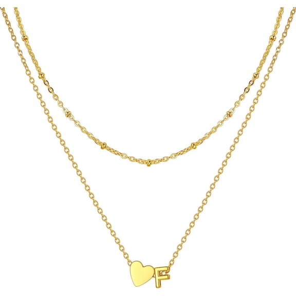 Initial Necklace for Women, Layered 14K Gold/Platinum Plated Tiny A-Z Letter Pendant Necklaces, 14" Bead Chain + 16" Heart Initial Necklaces Waterproof Personalized Monogram Name Jewelry Gifts