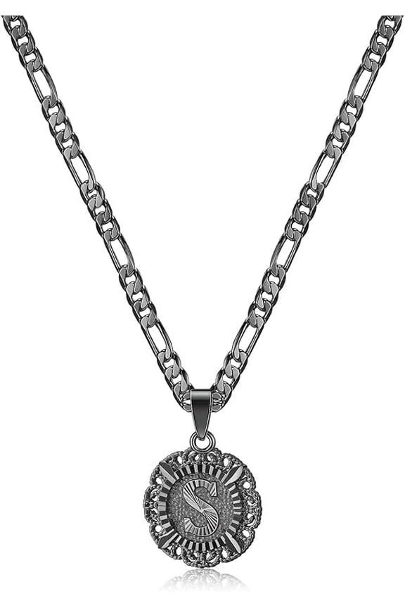 Initial Necklace for Women,14K Gold Plated Round Letter Pendant Necklace Capital Monogram Necklace Alphabets from A-Z Figaro Chain Necklace