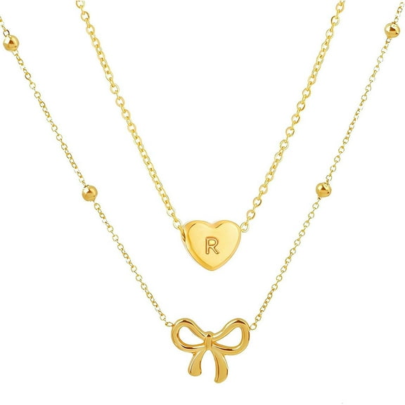 Initial Necklace for Women Layered Bow and Heart Necklace Non Tarnish Letter Necklace A-Z Trendy Gold Plated Necklace Cute Dainty Charm Jewelry
