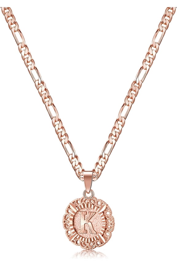 Initial Necklaces Pro for Women, 14K Gold Plated Round Letter Pendant Capital Monogram Necklace Alphabets from A-Z Figaro Chain Jewelry[o225]