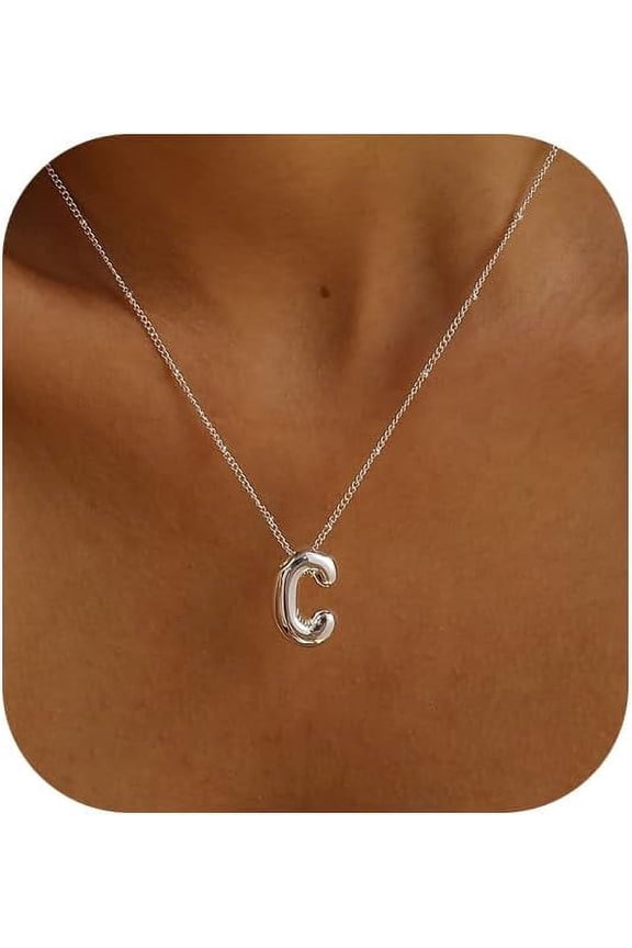 Initial Necklaces for Women, 14k Gold Plated Bubble Letter Necklace Chunky Gold Necklace Dainty Charm Initial Necklaces for Women Trendy Custom Preppy Stocking Stuff Necklace Christmas Gifts