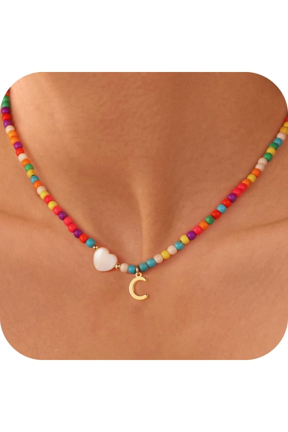 Colorful Initial Beaded Heart Choker Necklaces for Women Girls Letter A-Z Kids Jewelry Trendy Personalized Birthday Gifts for Women Teen Girl Fashion