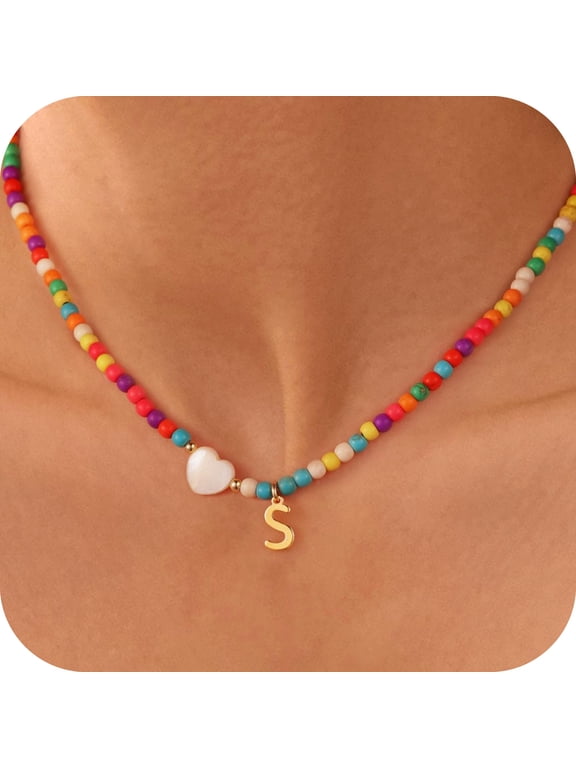 Colorful Initial Beaded Heart Choker Necklaces for Women Girls Letter A-Z Boho Kids Jewelry Trendy Personalized Birthday Gifts for Women Girl Daughter Granddaughter Niece