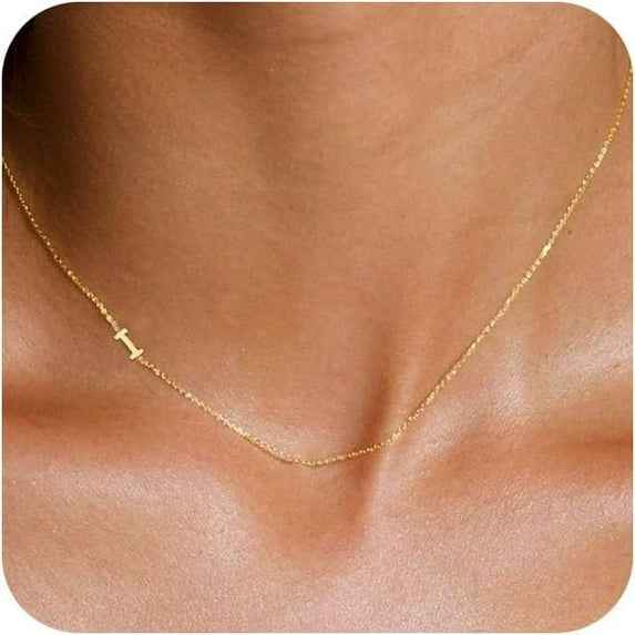 Initial Necklaces for Women, Dainty Gold Letter Necklace 14k Gold Plated Sideways Initial Necklace Cute Gold Name Necklace Simple Gold Choker Necklaces for Women Trendy Gold Jewelry Gifts