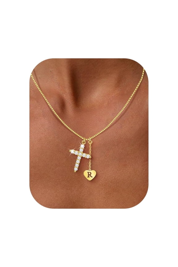 Gold Letter R Initial Cross Pendant Necklace,Personalized Gift For Mom Wife Girlfriend Daughter Grandma, Birthday Anniversary Christmas