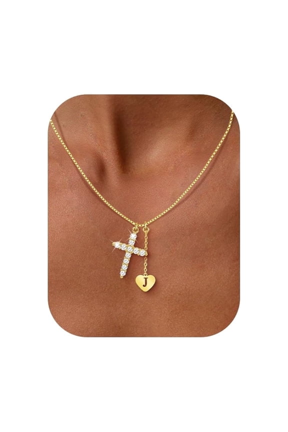 Gold Cross Letter J Initial Necklace, Personalized Alphabet Pendant Jewelry, Gift For Mom Wife Girlfriend Daughter Grandma, Birthday Anniversary Christmas