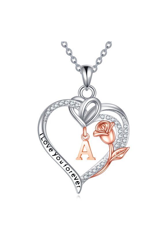 Initial Necklaces for Women Sterling Silver Initial Necklace Heart Rose Flower Letter Pendant Jewelry for Mom Grandmother Her Wife Girlfriend Birthday Christmas Gifts