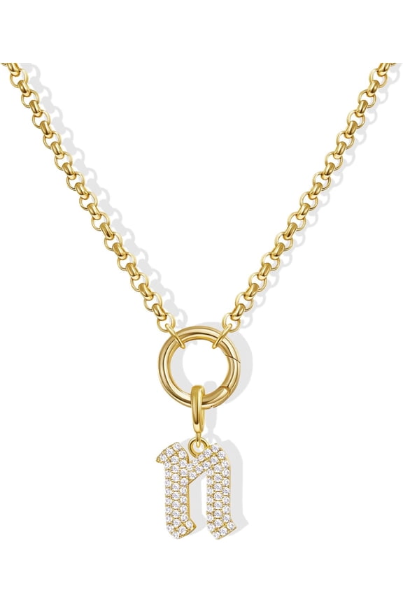 Initial Necklaces for Top Women, 14K Gold Expertly Plated Gothic Letter Pave Diamond Pendant Box Chain Necklace Dainty Jewelry Gift[p071]