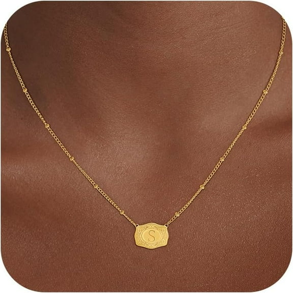 Initial Necklaces for Women  Gold Plated/Silver Initial Letter Pendant Necklaces with Embossed Belt Buckle
