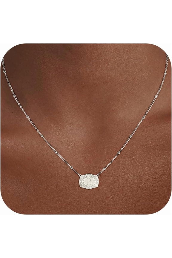 Initial Necklaces for Women  Gold Plated/Silver Initial Letter Pendant Necklaces with Embossed Belt Buckle