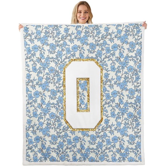 Initial O Fleece Throw Blanket Blue Floral Sherpa Blanket for Kids Women Plush Fuzzy Romantic Flowers Monogrammed for Bed Couch Chair Living Room Bedroom Decor 30" x 40"