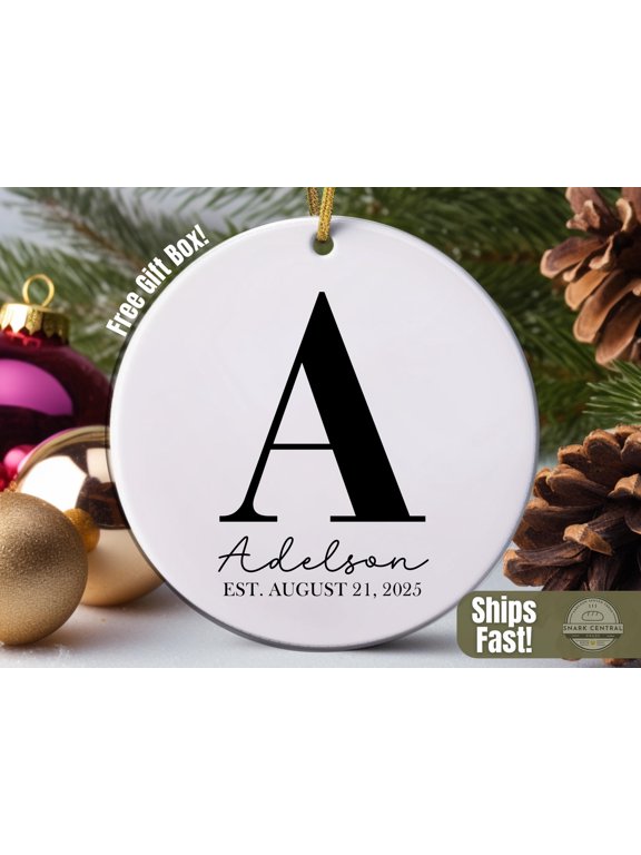 Initial Ornament Custom Monogram Christmas Ornament, Personalized Family Keepsake w Name & Date, Modern Minimalist Bauble Gift for Newlywed