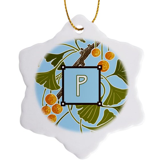 3drose, Initial P- American Arts and Crafts Style Ginkgo Monogram Design, 3 inch Snowflake Porcelain Ornament