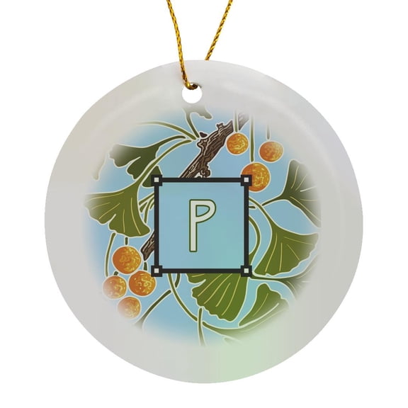 3drose, Initial P- American Arts and Crafts Style Ginkgo Monogram Design, Circle Porcelain Ornament