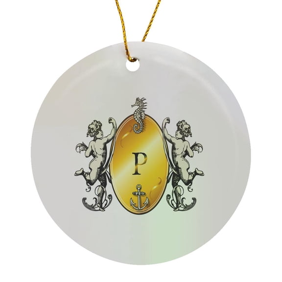3drose, Initial P- Image of Nautical Monogram with Cherubs Seahorse and Anchor, Circle Porcelain Ornament