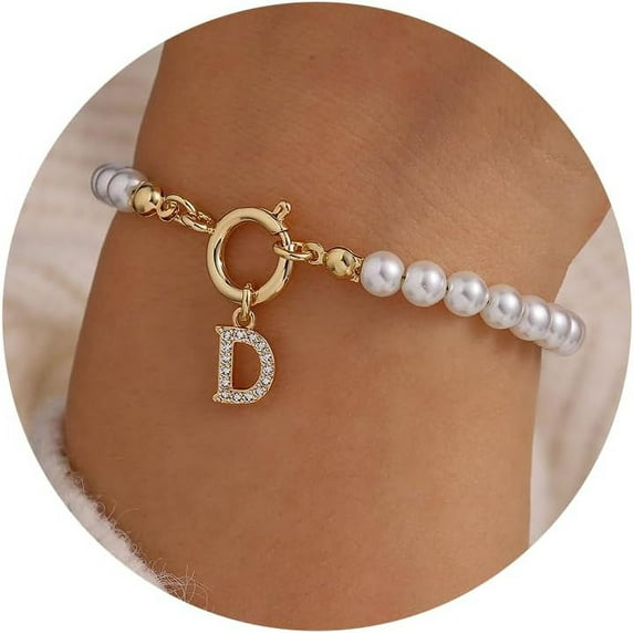 Initial Pearl Bracelets for Women Girls Gifts - Personalized Pearl Bracelet Dainty Gold Initial Bracelets for Women Teen Girls Bridesmaid Gifts Wedding Gifts Valentine's Gift