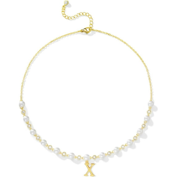 Initial Pearl Necklaces for Women Dainty 14K Gold Plated Pearl Choker Necklace Cute Pearl CZ Chain Letter Pendant Necklace Personalized Name Necklace Teen Gift Trendy Stuff Jewelry Gifts