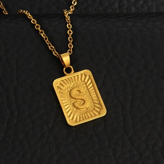 Initial Pendant Letter Necklace | 18K Hypoallergenic Link Chain 17" + 2" | Personalized Name Rectangle Alphabet Necklace | RJ Designs