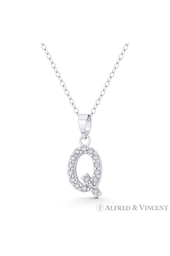 Initial "Q" Cubic Zirconia CZ Crystal Pendant w/ Cable Chain Necklace in .925 Sterling Silver