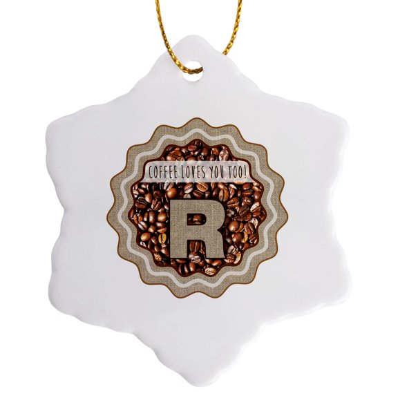 Initial R- Coffee Loves You Too Monogram Design, 3 inch Snowflake Porcelain Ornament
