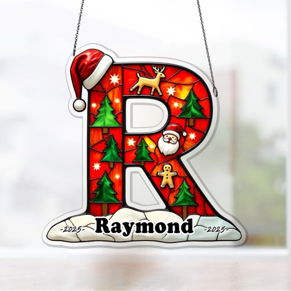 Initial R Monogram Custom Letter Acrylic Suncatcher Window Hanging Christmas Holiday Teacher Gift Ornament