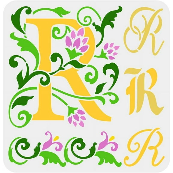 Initial R Painting Stencil 11.8x11.8inch Reusable Graffiti Letter R Drawing Template DIY Art Flower Vine Design Letter R Stencil Painting on Wood Paper Wall and Furniture White