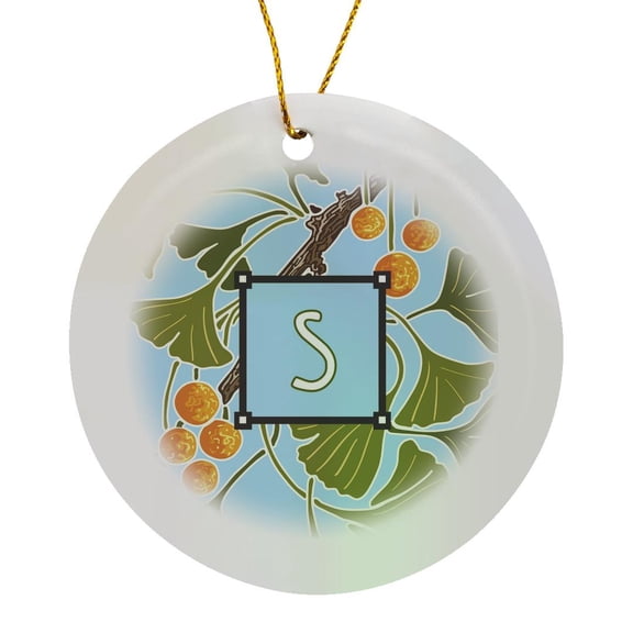 3drose, Initial S- American Arts and Crafts Style Ginkgo Monogram Design, Circle Porcelain Ornament