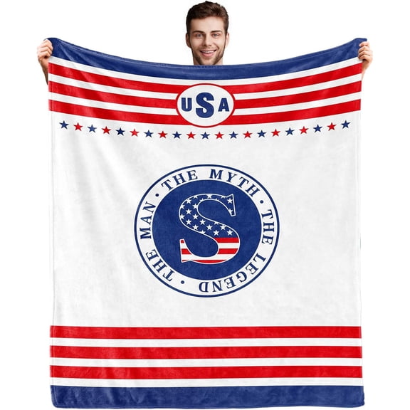 Initial S Blanket for Men, Fathers Birthday Gifts for Dad, Monogrammed USA Flag Blanket for Husband, The Man The Myth The Legend Gift Ideas for Grandpa/Uncle/Brother/Boyfriend 60"x 50"
