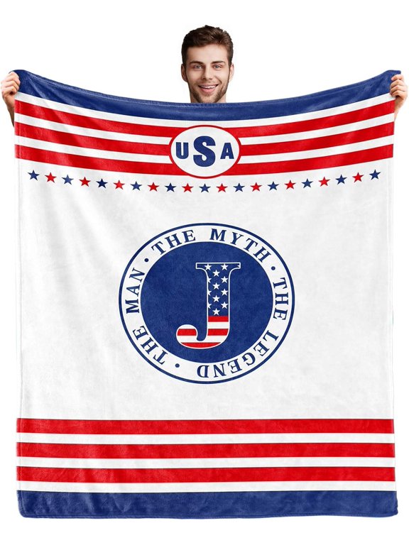 Initial S Blanket for Men, Fathers Birthday Gifts for Dad, Monogrammed USA Flag Blanket for Husband, The Man The Myth The Legend Gift Ideas for Grandpa/Uncle/Brother/Boyfriend 60"x 50"
