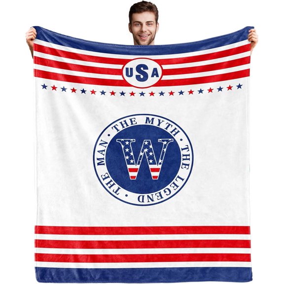 Initial S Blanket for Men, Fathers Birthday Gifts for Dad, Monogrammed USA Flag Blanket for Husband, The Man The Myth The Legend Gift Ideas for Grandpa/Uncle/Brother/Boyfriend 60"x 50"