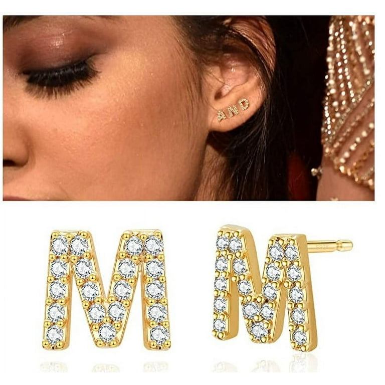 Initial Stud Earrings Letter M 925 Sterling Silver Post with Zirconia Gold Pleated