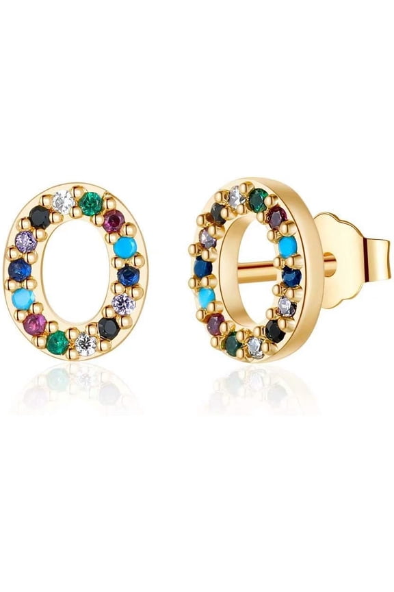 Initial Stud Earrings For Women, Hypoallergenic 925 Sterling Silver Post Rainbow Cubic Zirconia Gold Plated 26 Initial Earrings For Women Jewelry Gifts[Z1]