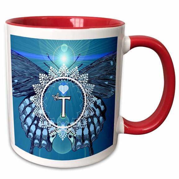 3drose, Initial T Fantasy Butterfly Mandala Design in Blue and White, 11oz Two-tone Red Mug