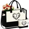 thumbnail image 1 of Initial Tote Bag with Make Up Bag Canvas Beach Bag with Zipper Birthday Valentine's Day Gifts for Women Her, 1 of 7