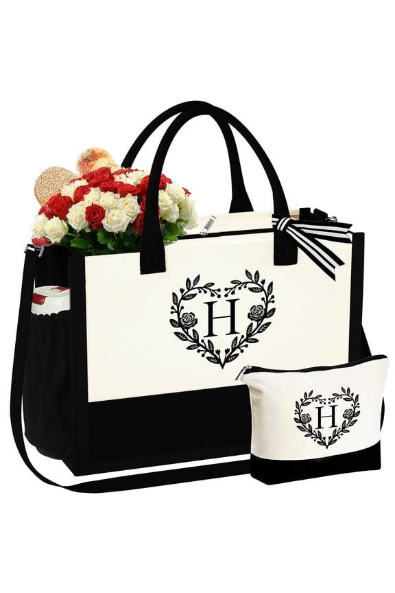 Initial Tote Bag with Make Up Bag Canvas Beach Bag with Zipper Birthday Valentine's Day Gifts for Women Her