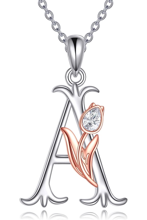 Initial Tulip Necklace 925 Sterling Silver Tulip Flower Initial A Pendant Alphabet Letter Script Name Necklace Jewelry Gifts for Women