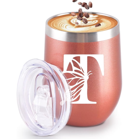 Initial Tumbler, Monogrammed Gifts for Women, 12oz Stainless Steel Monogram Tumbler Wine Coffee Mug with Lid for Birthday Gifts, Personalized Drinking Cup for Family Friend Sister.(Rose Gold/T)