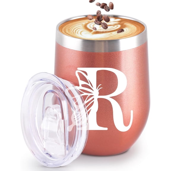 Initial Tumbler, Monogrammed Gifts for Women, 12oz Stainless Steel Monogram Tumbler Wine Coffee Mug with Lid for Birthday Gifts, Personalized Drinking Cup for Family Friend Sister.(Rose Gold/R)