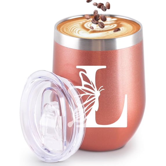 Initial Tumbler, Monogrammed Gifts for Women, 12oz Stainless Steel Monogram Tumbler Wine Coffee Mug with Lid for Birthday Gifts, Personalized Drinking Cup for Family Friend Sister.(Rose Gold/L)