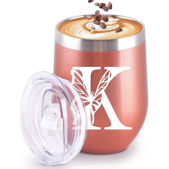 Initial Tumbler, Monogrammed Gifts for Women, 12oz Stainless Steel Monogram Tumbler Wine Coffee Mug with Lid for Birthday Gifts, Personalized Drinking Cup for Family Friend Sister.(Rose Gold/K)