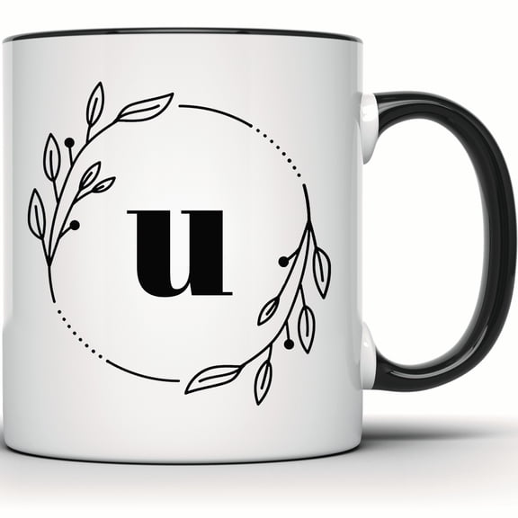 Initial U Mug - Floral Wreath Monogram Coffee Tea Cup - Personalized Letter Gift Idea - 11 Ounce Black Rim Handle Novelty Coffee Cup - WMUG0397-Black Rim
